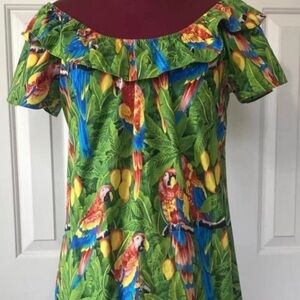 Vintage Hilo Hattie Tropical Parrot Print Off-Shoulder Dress Size M